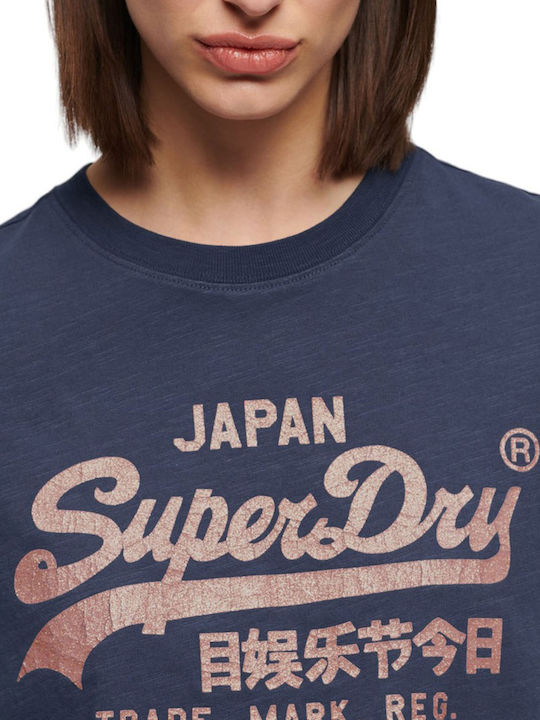 Superdry Women's Blouse Cotton Short Sleeve Navy