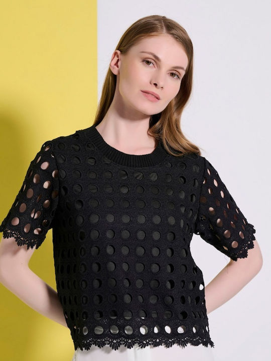 Matis Fashion pentru Femei Crop Top cu Mâneci Scurte Negru