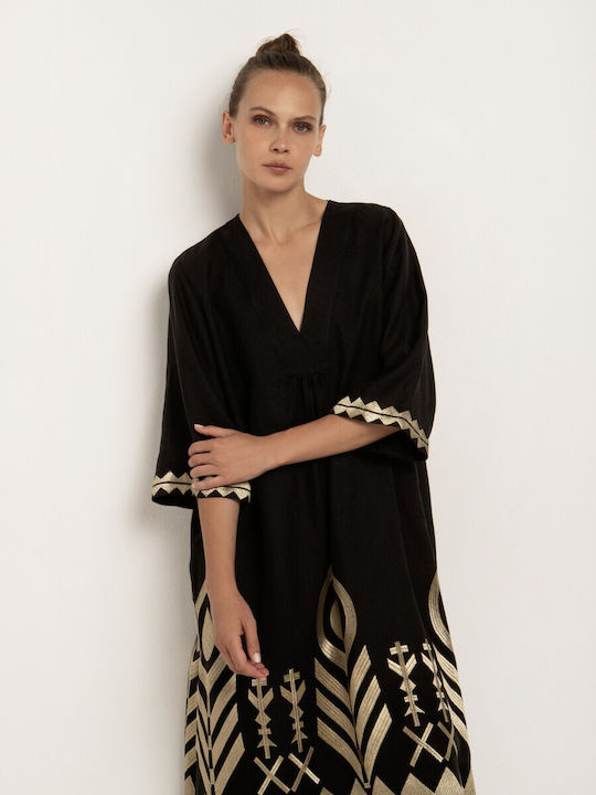 Greek Archaic Kori Summer Midi Dress with Slit Black/Gold