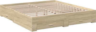 Bed Base King Size made of Wood Beige 200x200cm. with Storage Space