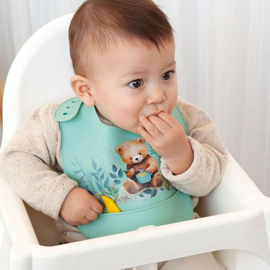 Kiokids Waterproof Bib Silicone with Button & Pocket Mint for 4 m+