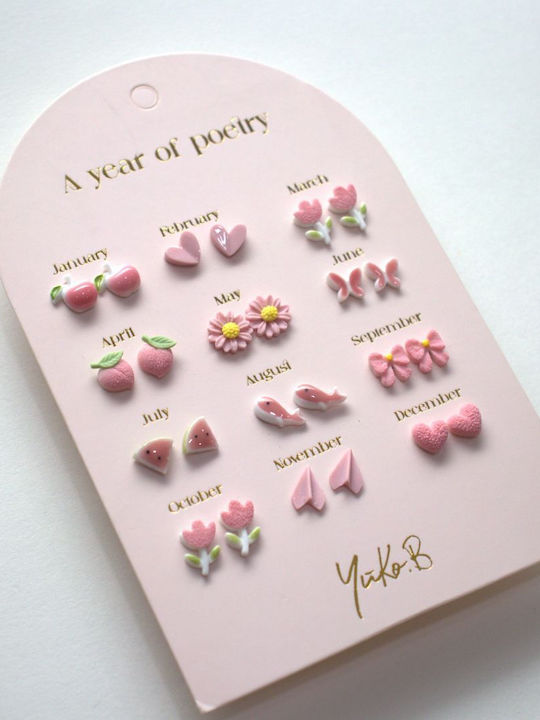 Yuko.b Card 12 Pair Earrings A Year Pink Poetry