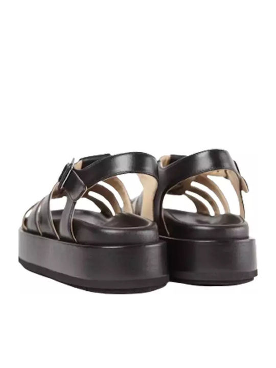 Δερμάτινα Γυναικεία Σανδάλια Flatforms Μαύρα