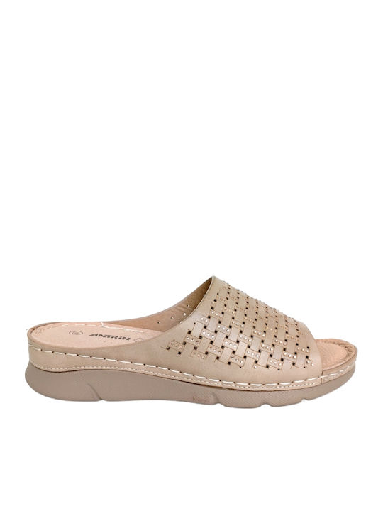 Leather Women's Flat Sandals Anatomic in Beige Color