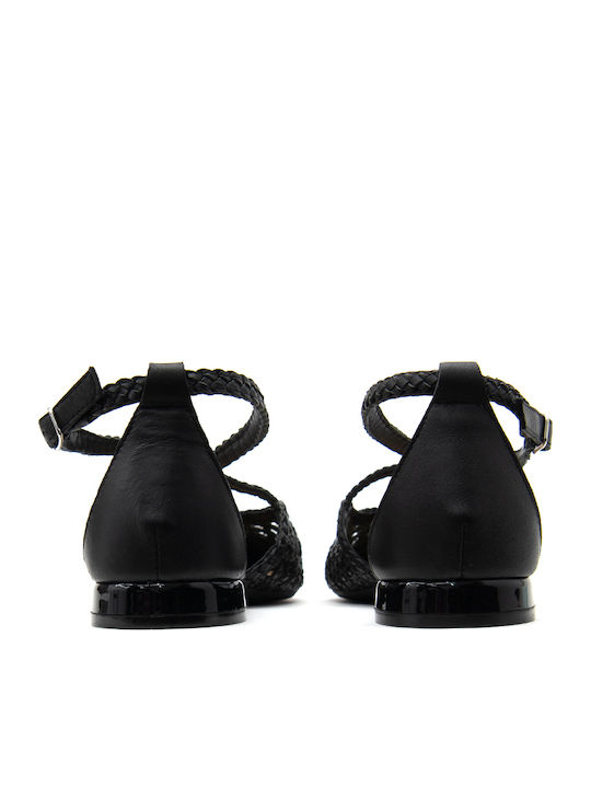 Leather Women's Flat Sandals in Black Color