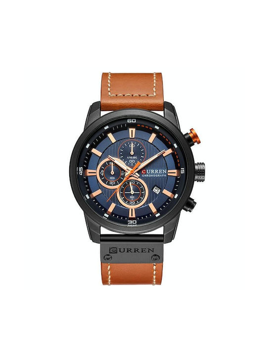 Curren M8291 Chronograph Watches Casual Leather Watch Men Black Case Blue Face