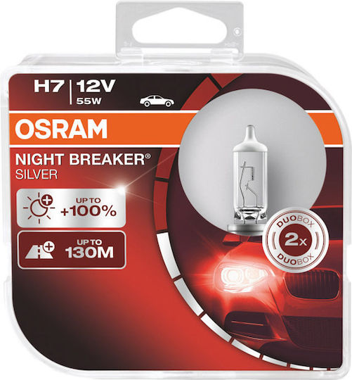 Osram Λάμπες Αυτοκινήτου Night Braker Silver 100% H7 / H8 Αλογόνου Θερμό Λευκό 12V 55W 2τμχ