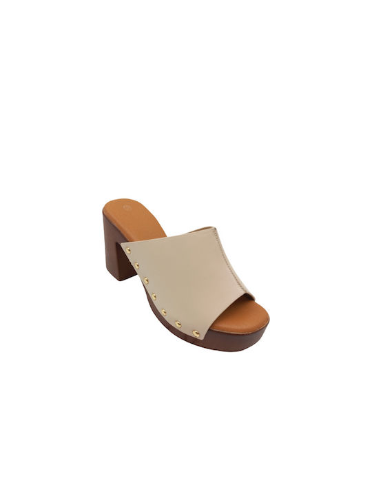 Plato Chunky Heel Leather Mules Beige