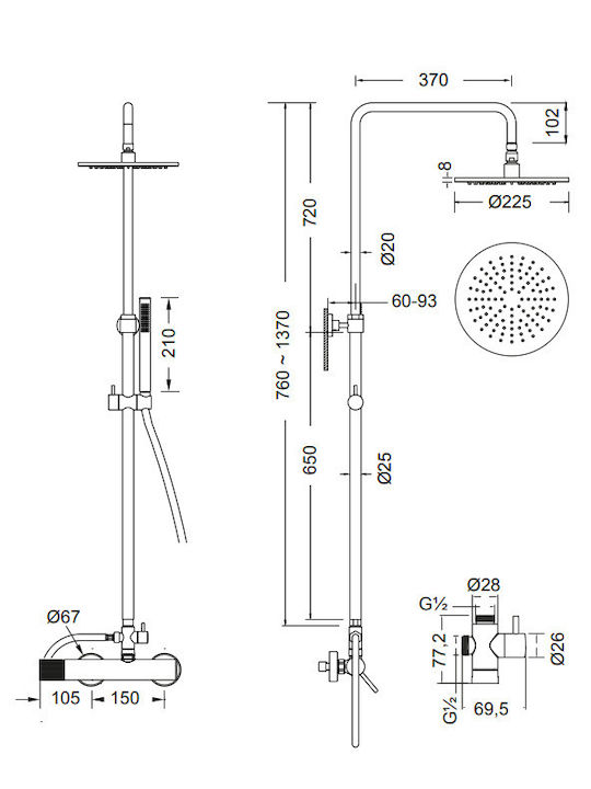 Eurorama Verstellbare Duschsäule ohne Armatur 76-137 Silber
