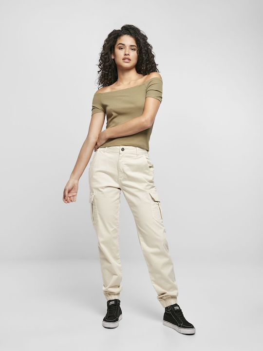 Women's High-waisted Fabric Cargo Trousers White Sand