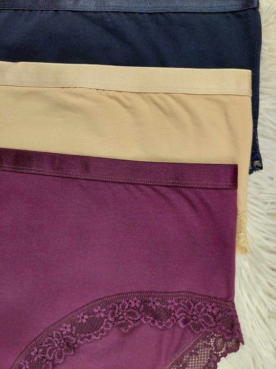 Βαμβακερά Γυναικεία Slip 3Pack με Δαντέλα Navy Blue/Beige/Purple