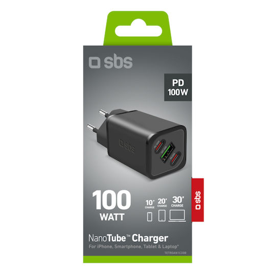 SBS Φορτιστής Χωρίς Καλώδιο GaN 100W Power Delivery Μαύρος (GANUSB2CPD100W)