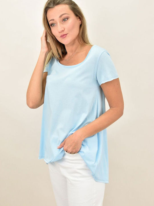 First Woman Women's Blouse Cotton Short Sleeve Blue