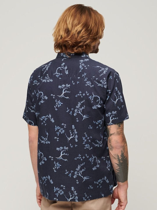 Ovin Short-sleeved Linen Shirt Floral Blue