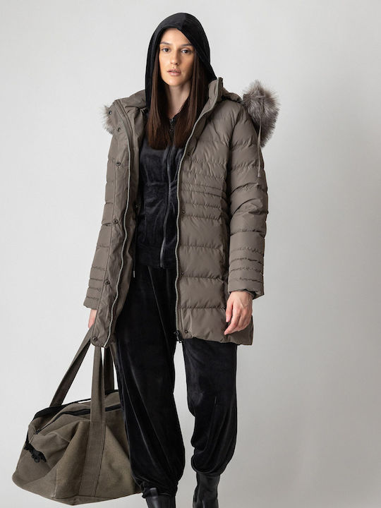 Lang Damen Puffer Jacke mit pelziger Kapuze für Winter Dark Beige
