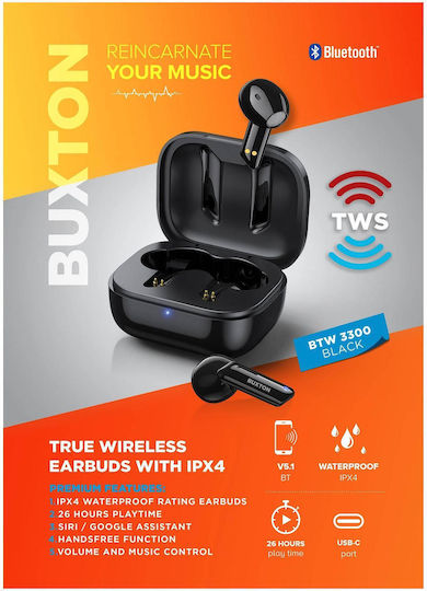Buxton BTW 3300 In-ear Bluetooth Handsfree Ακουστικά με Θήκη Φόρτισης Μαύρα