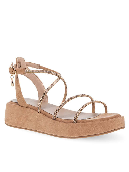 Parex Leder Damen Flache Sandalen Flatforms in Tabac Braun Farbe