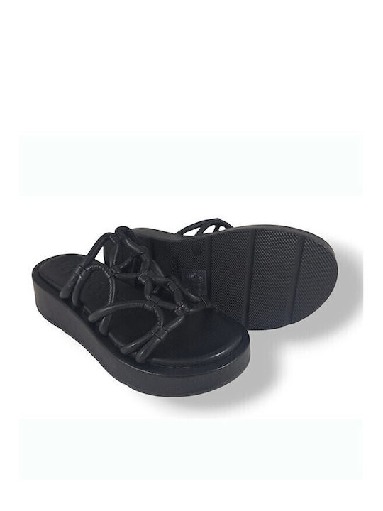 Δερμάτινα Γυναικεία Σανδάλια Flatforms Μαύρα