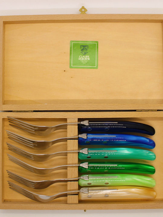 Claude Dozorme Inox Table Fork Set Blue Green Laguiole 6pcs