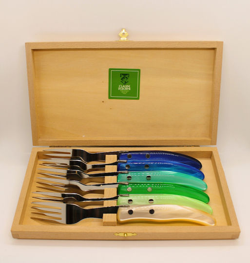 Claude Dozorme Inox Table Fork Set Blue Green Laguiole 6pcs