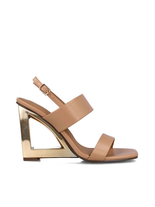 Menbur Leather Women's Sandals Beige with High Heel