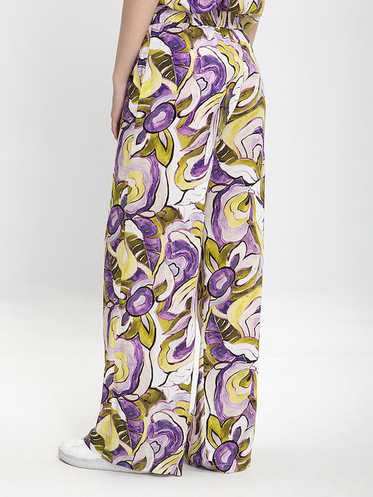 Laura Donini Damen Stoff Palazzo-Hose mit Gummizug Blumen Purple