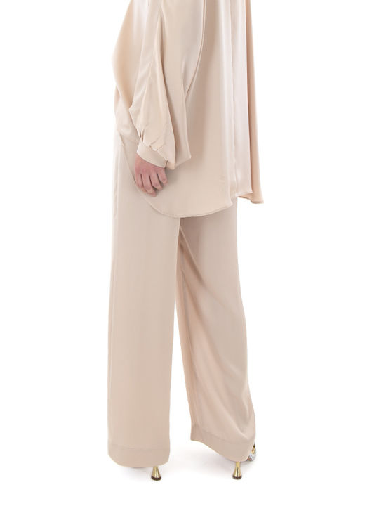 Kramma Women's High-waisted Fabric Trousers in Straight Line Beige