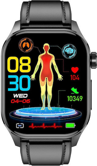 Et580 2.04 Inch Amoled Screen Sports Smart Watch Support Bluethooth Call Ecg Function Black Leather Band