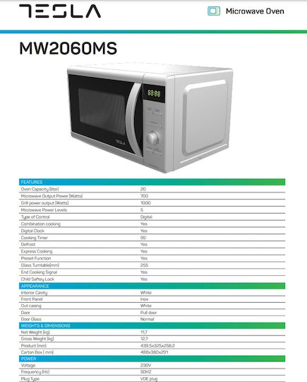 Tesla Microwave Oven with Grill 20lt Inox