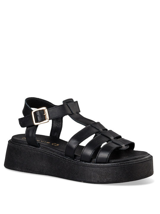 Envie Shoes Leather Women's Flat Sandals Flatforms in Black Color