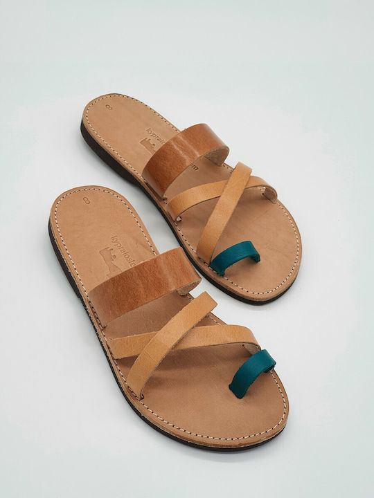 Kypraiosleather Leather Women's Flat Sandals in Turquoise Color