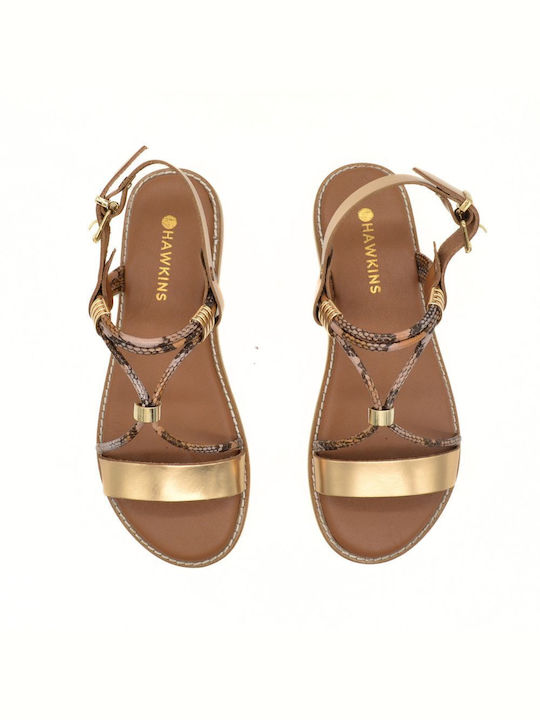 Hawkins Premium Leather Women's Flat Sandals with Strap in Gold Color