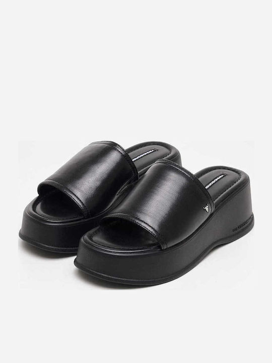 Horizon Δερμάτινα Γυναικεία Σανδάλια Flatforms Μαύρα