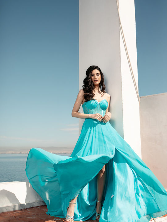 Seductive Turquoise Long Dress Shiny Bustier High Ripping