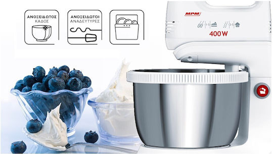 MPM Μίξερ με Inox Κάδο 3.5lt Λευκό 400W