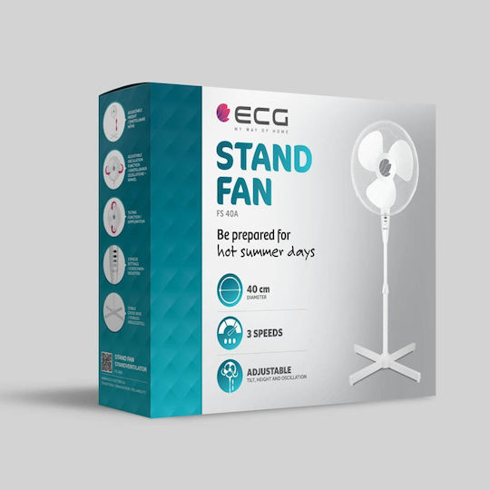 ECG FS40A Стоящ Вентилатор 50W С Диаметър 40см Бял