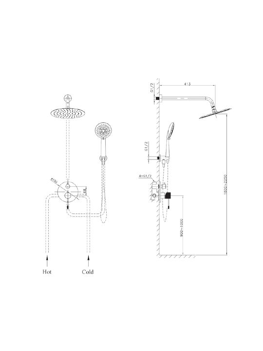 Orabella Mischbatterie, Telefon & Duschkopf-Set Einbau für Dusche 2 Ausgänge Gold