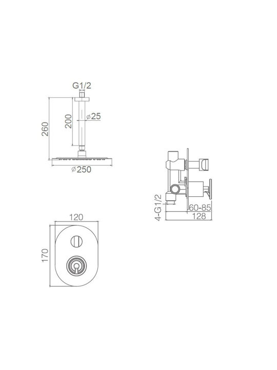 Imex Vesubio Built-in Mixer, Hand Shower & Shower Head Set for Shower 2 Exits Gold