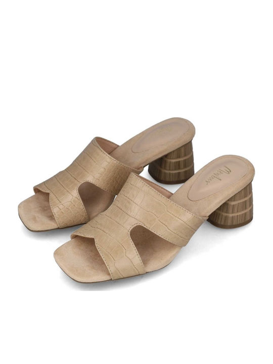 Mules with Chunky Low Heel in Beige Color