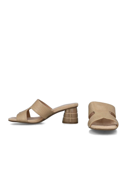 Mules with Chunky Low Heel in Beige Color