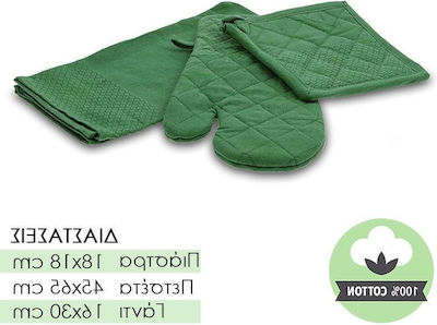 Set Mănușă, Suport & Prosop de Bucătărie Tesatura Verde 3buc