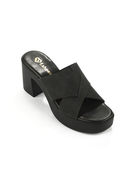 Fshoes Platform Leather Women's Sandals Black with High Heel