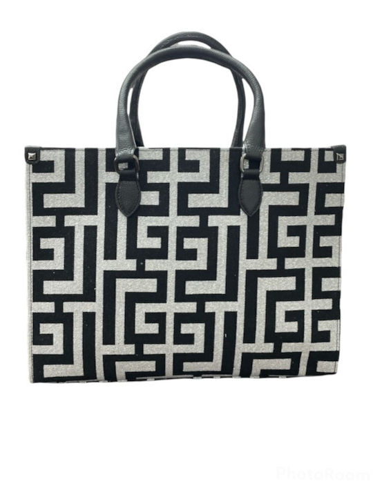 Leto Δερμάτινη Γυναικεία Τσάντα Tote Χειρός Silver (Lurex) Black Labyrinth