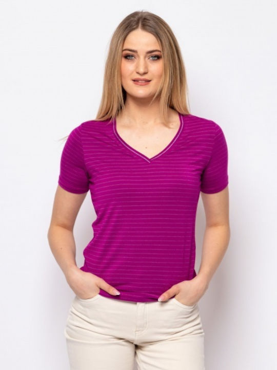 Heavy Tools Women's Blouse Short Sleeve with V Neckline Striped Grape