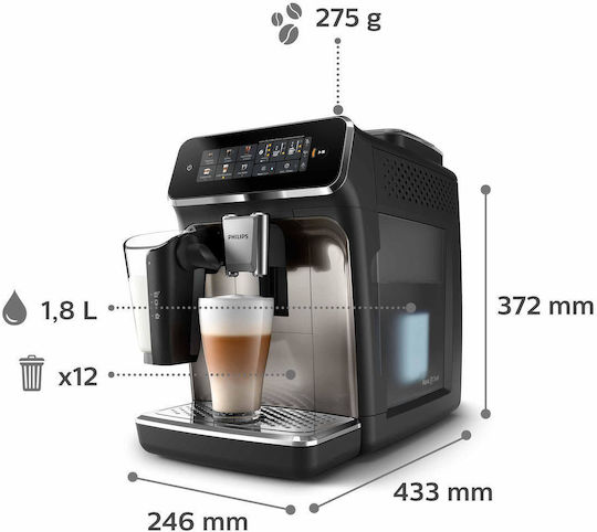 Philips Series 3300 Αυτόματη Μηχανή Espresso 1500W Πίεσης 15bar με Μύλο Άλεσης Μαύρη EP3347/90