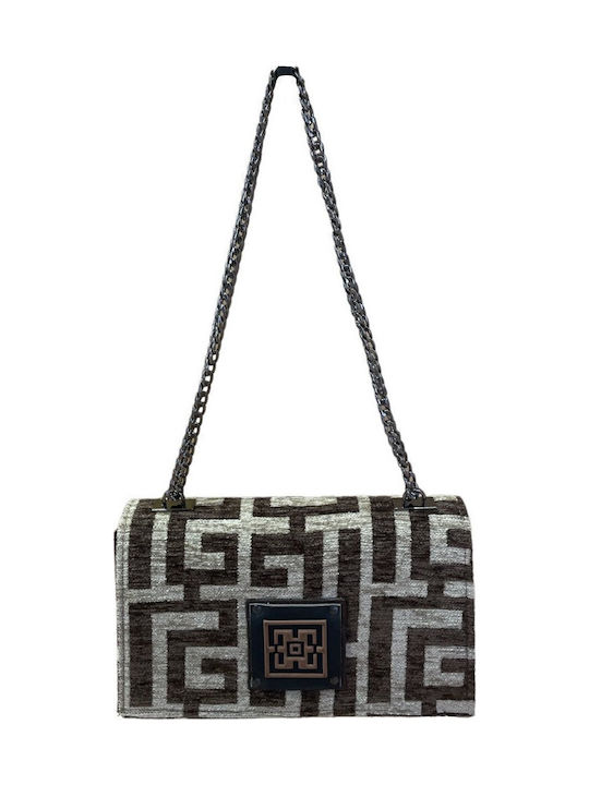 Delos Leather Women's Bag Shoulder Dark Brown Beige Chenille Labyrinth