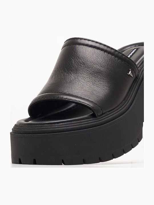Confessions Leather Mules With Chunky Low Heel In Black Colour