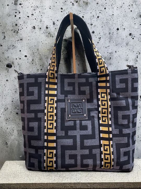 Calypso II Δερμάτινη Γυναικεία Τσάντα Shopper Ώμου Grey Black Labyrinth