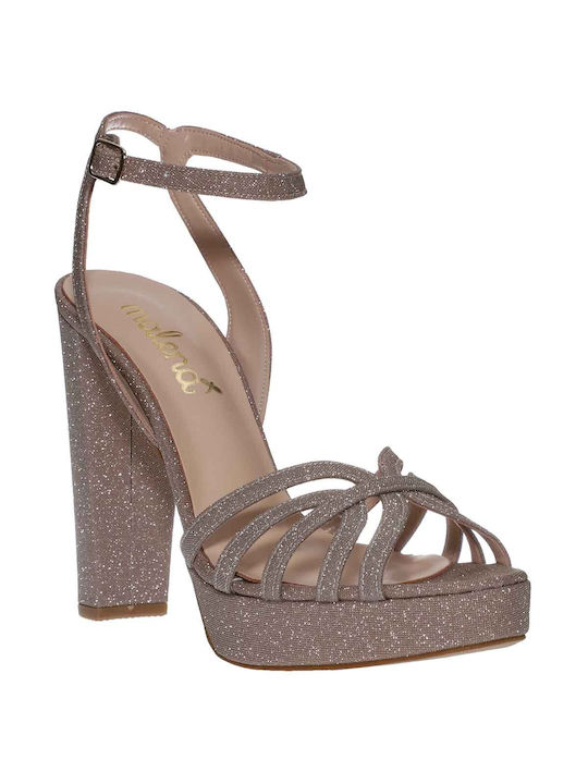 Malena Platform Leather Women's Sandals with Ankle Strap Gold with Chunky High Heel