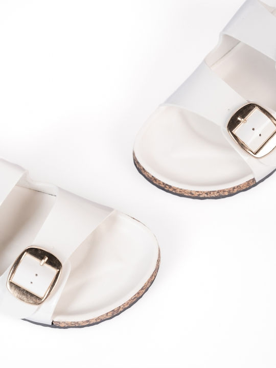 Flatform Sandals with Two Straps and Cork Design on the Sole in White